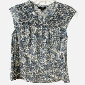 Lucky Brand Cap Sleeve Smocked at Top Split Neckline Partial Button Front Top